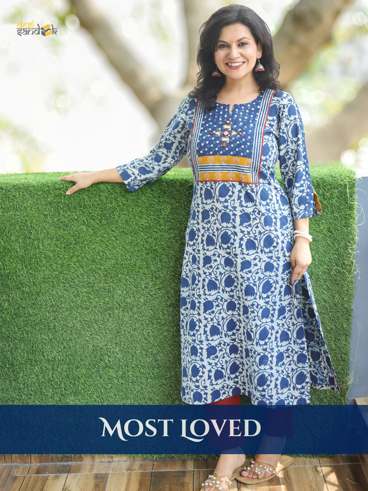 Kajal Stone Blue Floral Dabu Printed Cotton Kurti