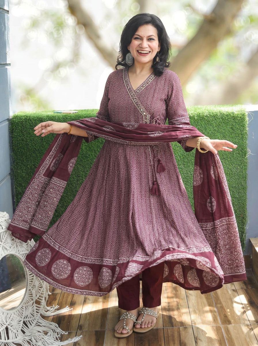 Sharvari Wine Angrakha Style Anarkali Cotton 3 PIece Set