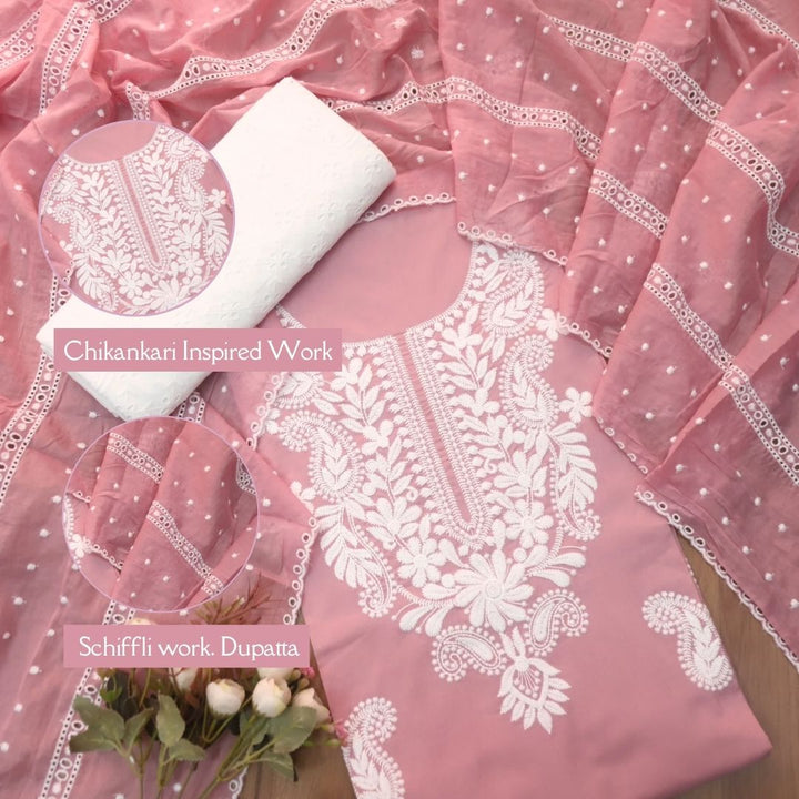 Apurav Soft Mauve Pink Chikankari inspired Neck Work Cotton Suit Set
