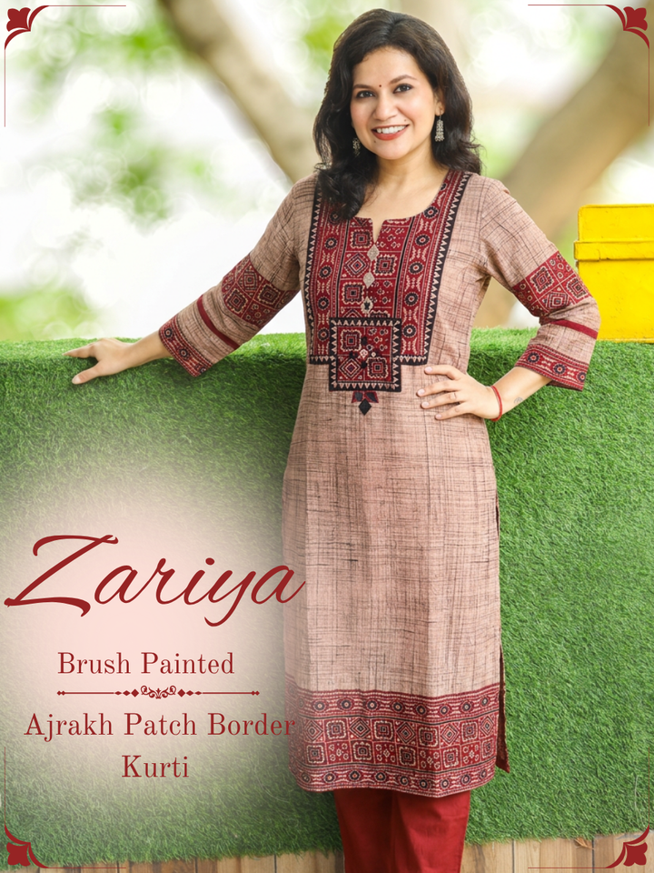 Zariya Beige Maroon Ajrakh Yoke Brush Painted Cotton Kurti