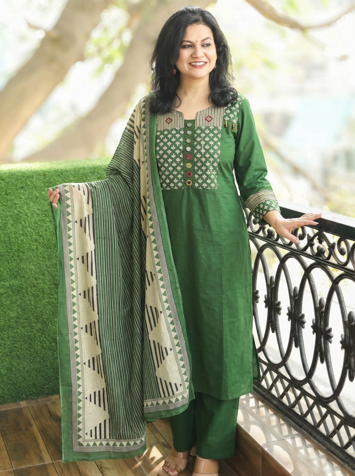 Jessica Sage Green Mirror Yoke Cotton 3 Piece Set