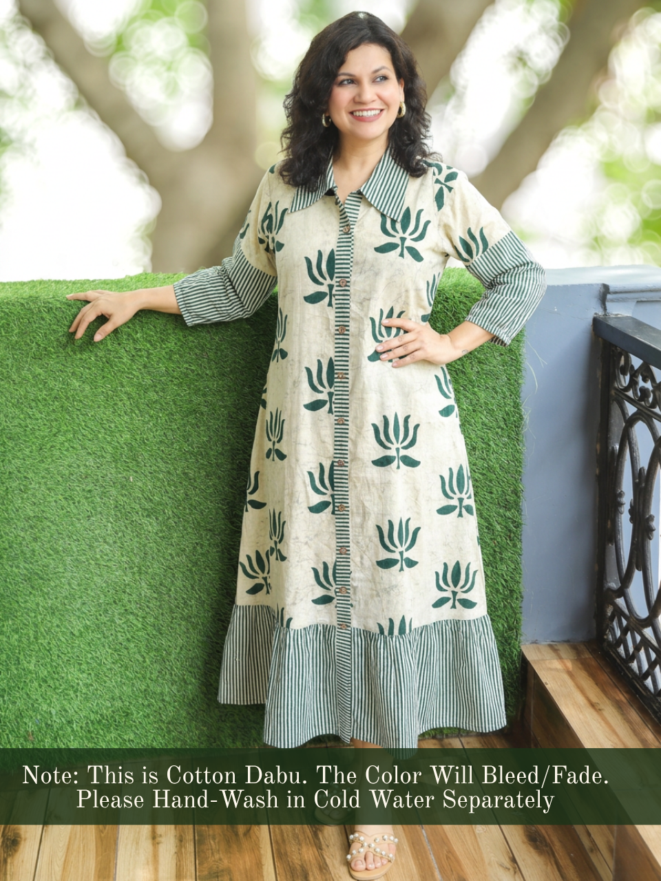 Asya Off-White with Green Lotus Dabu Button Down Cotton Dress