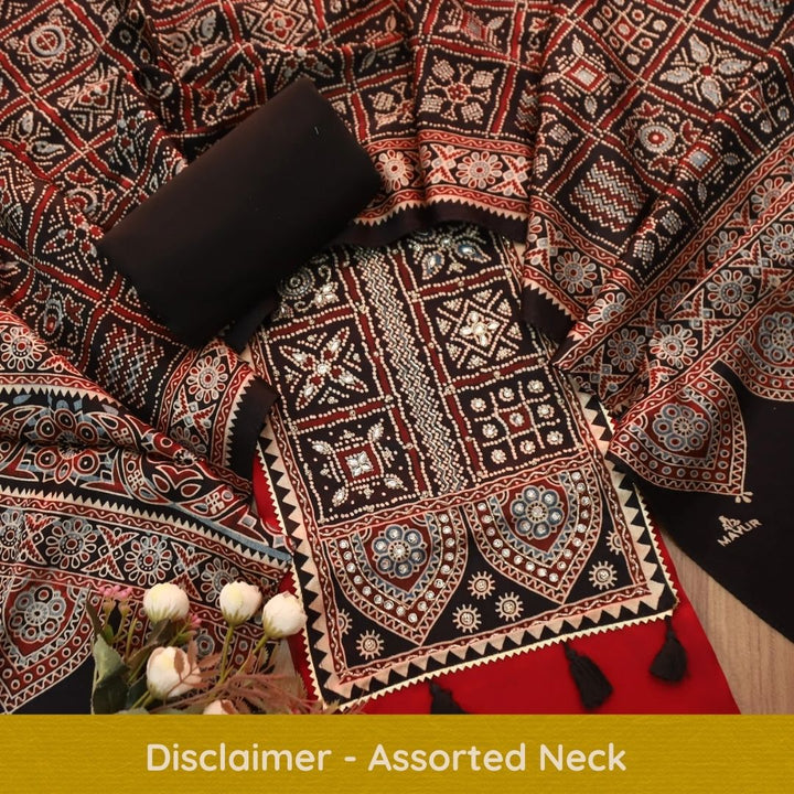 Malika Maroon Red with Mashru Print Patch Yoke Style Glazed Cotton Suit Set