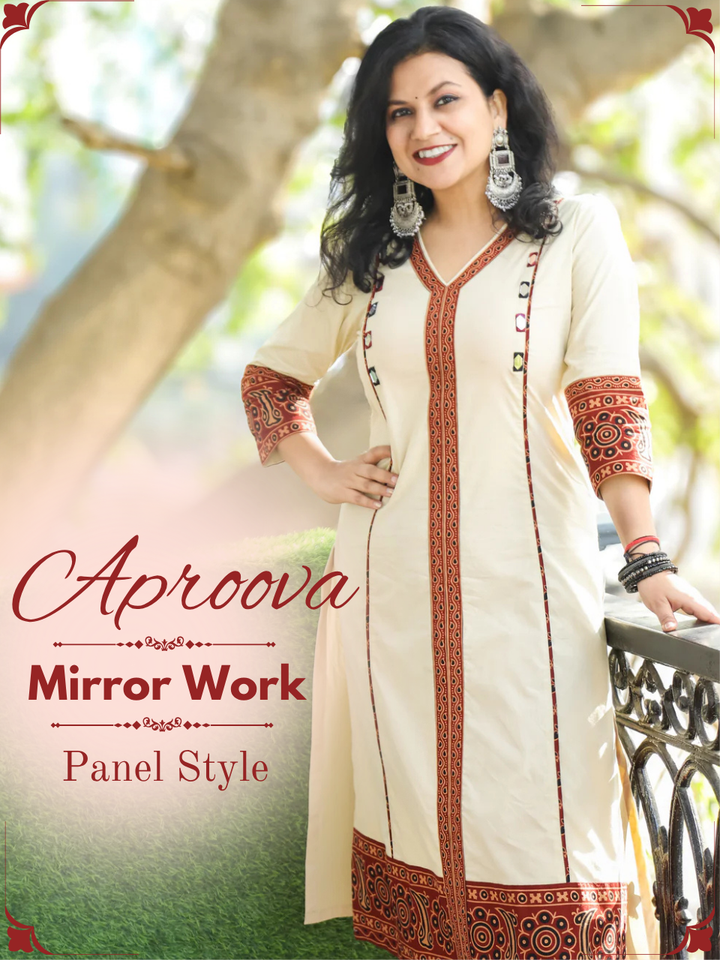 Aproova Shell White V Neck Patch in Panel Style with Mirror Work Cotton Kurti