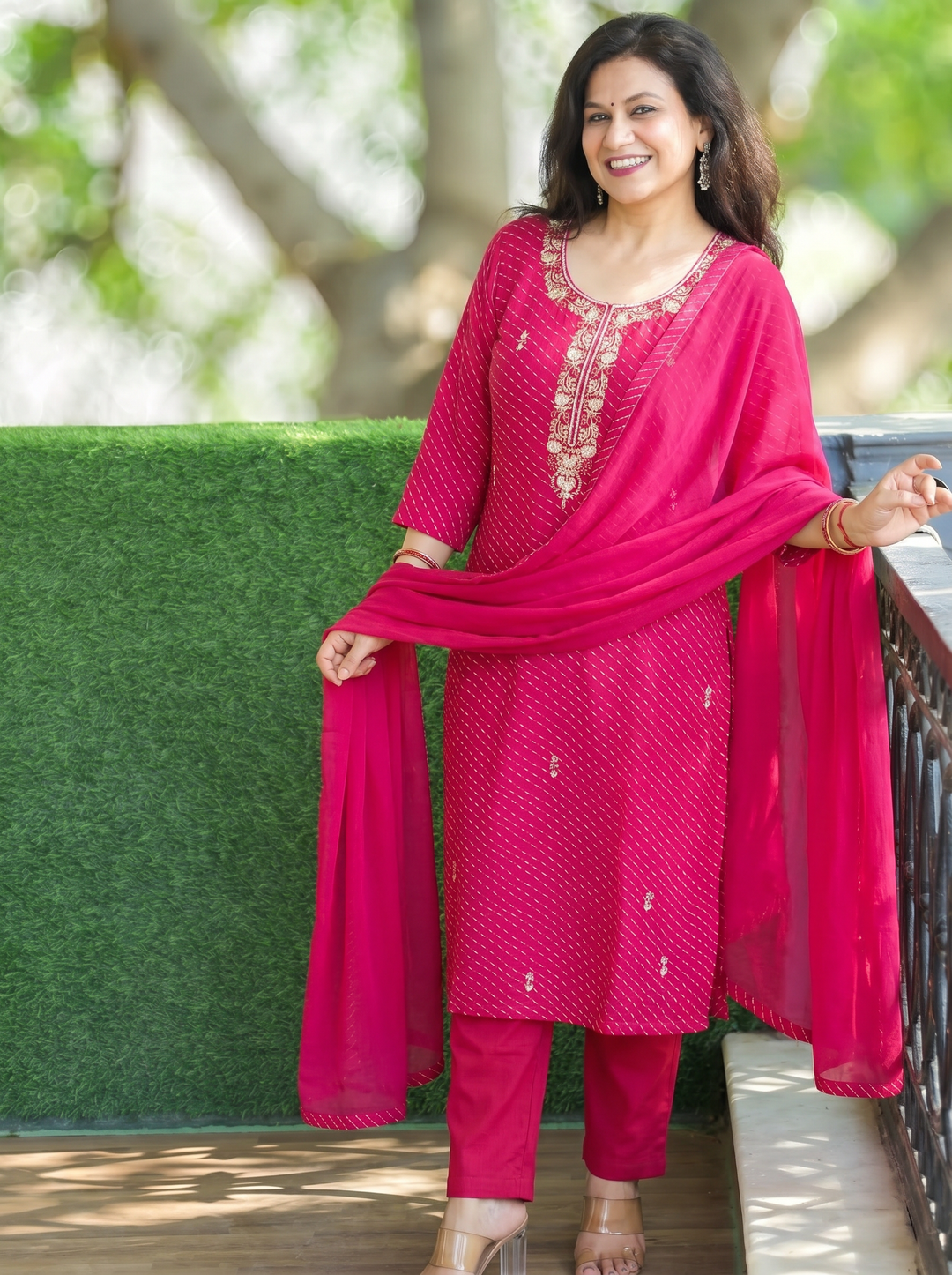 Leher Rani Pink Embellished Leheriya Georgette 3 Piece Set