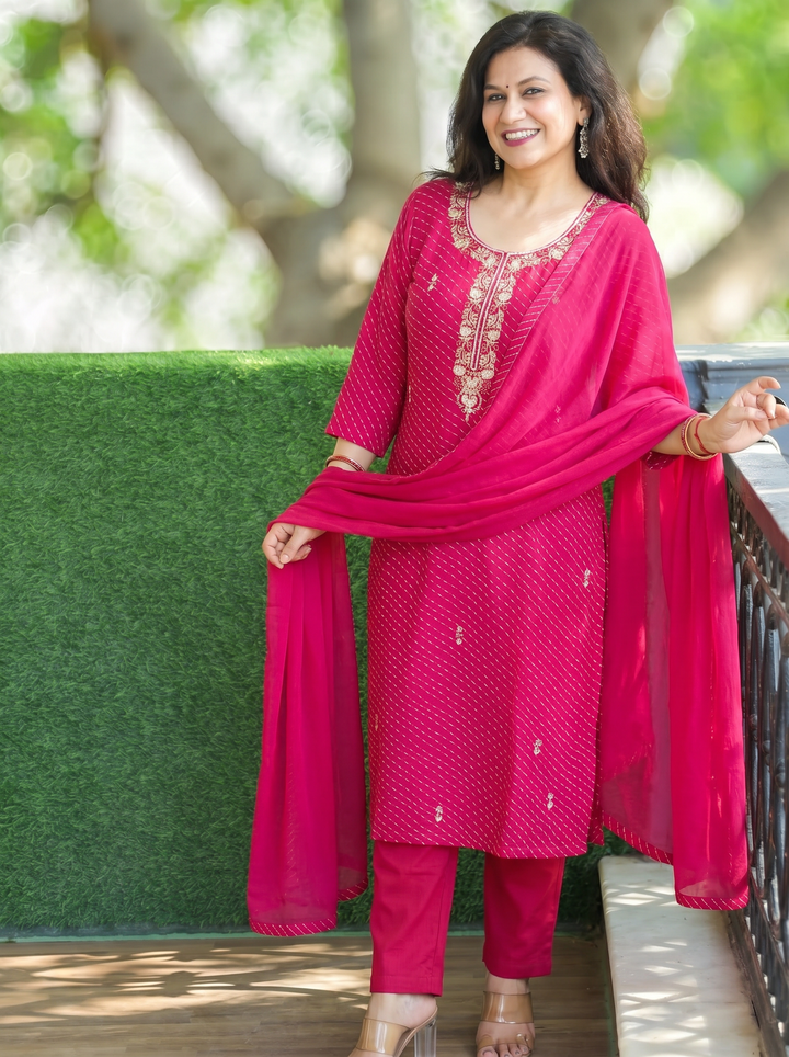 Leher Rani Pink Embellished Leheriya Georgette 3 Piece Set