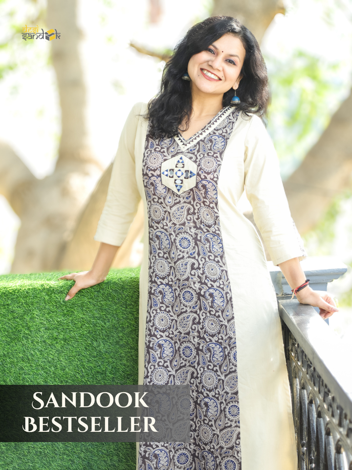 Adikriti Cream White V Neck with Mirror Paisley Printed Panel Style Cotton Kurti