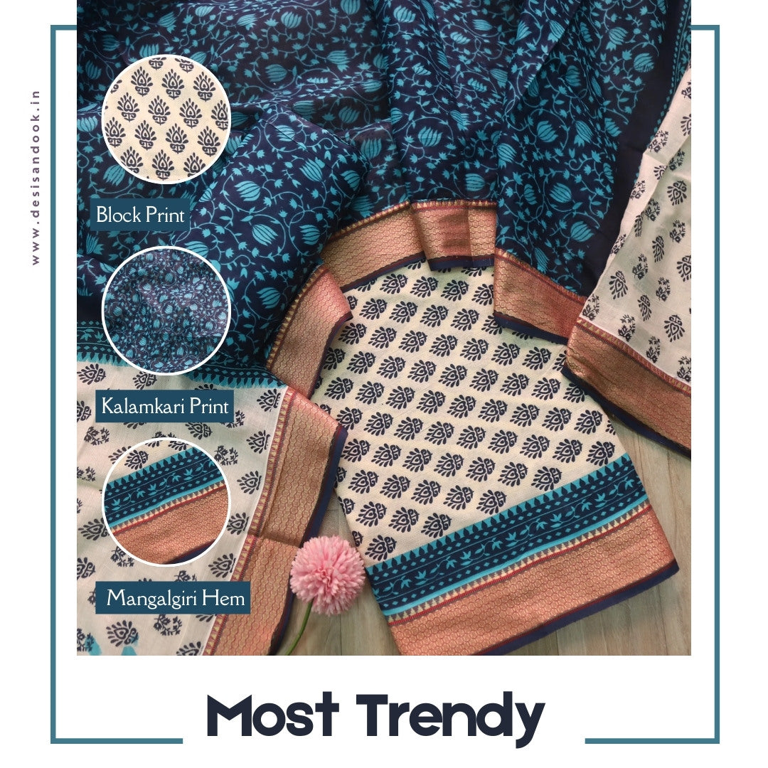 Lagauni Off Beige Printed Work With Blue Mangalgiri Hem Cotton Suit Set