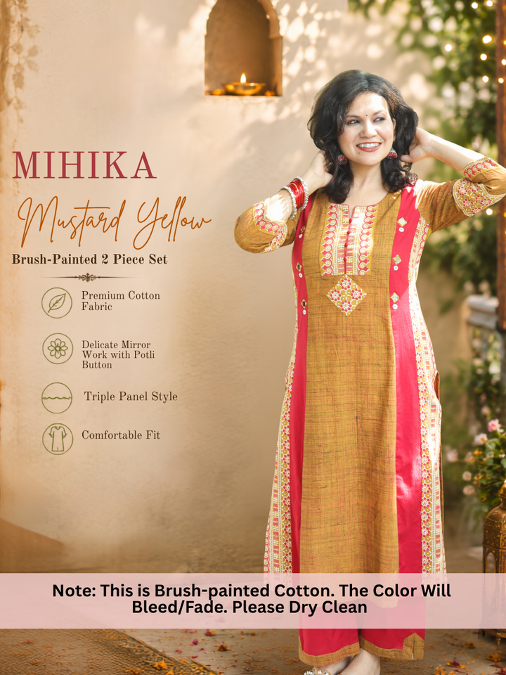 Mihika Mustard Yellow Triple Panel Brush Print 2 Piece Set