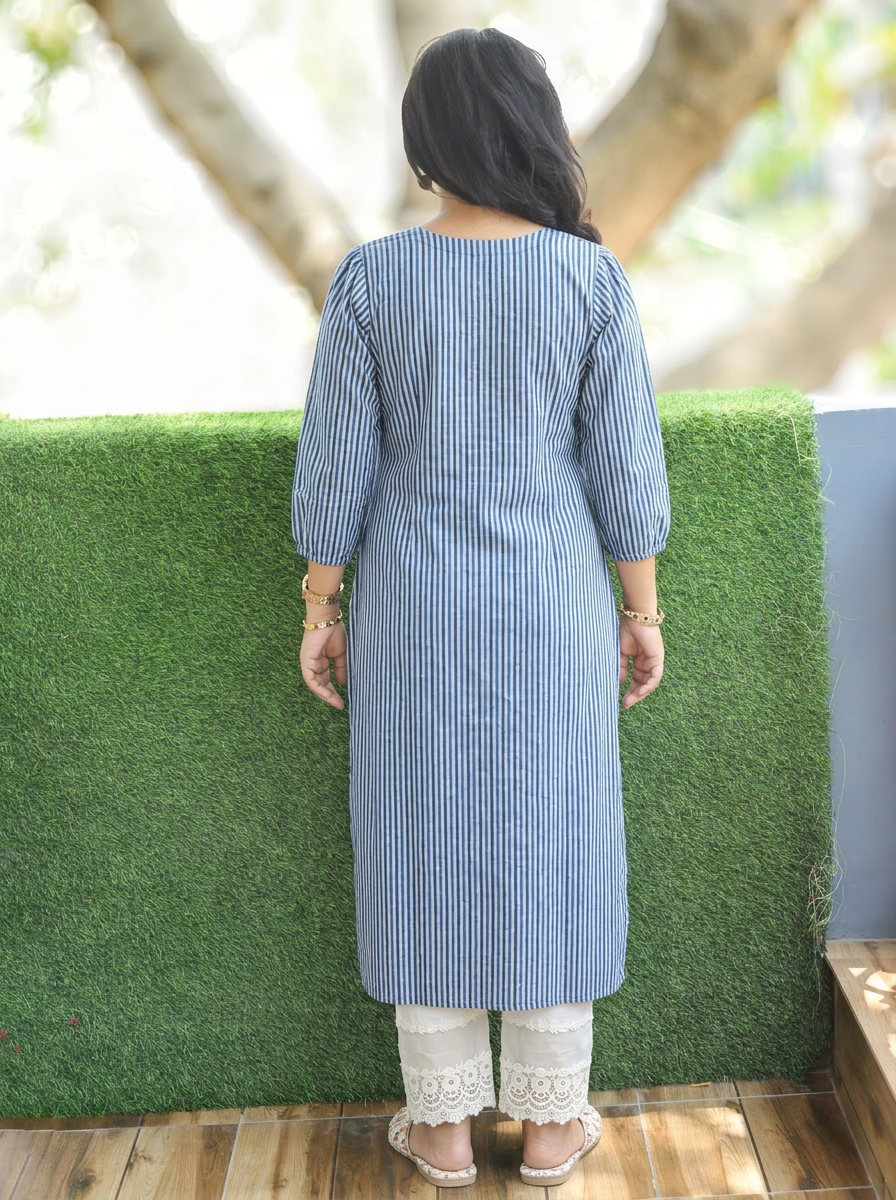 Nisha Blue Mirror Work Gajj Print Panel Cotton Kurti