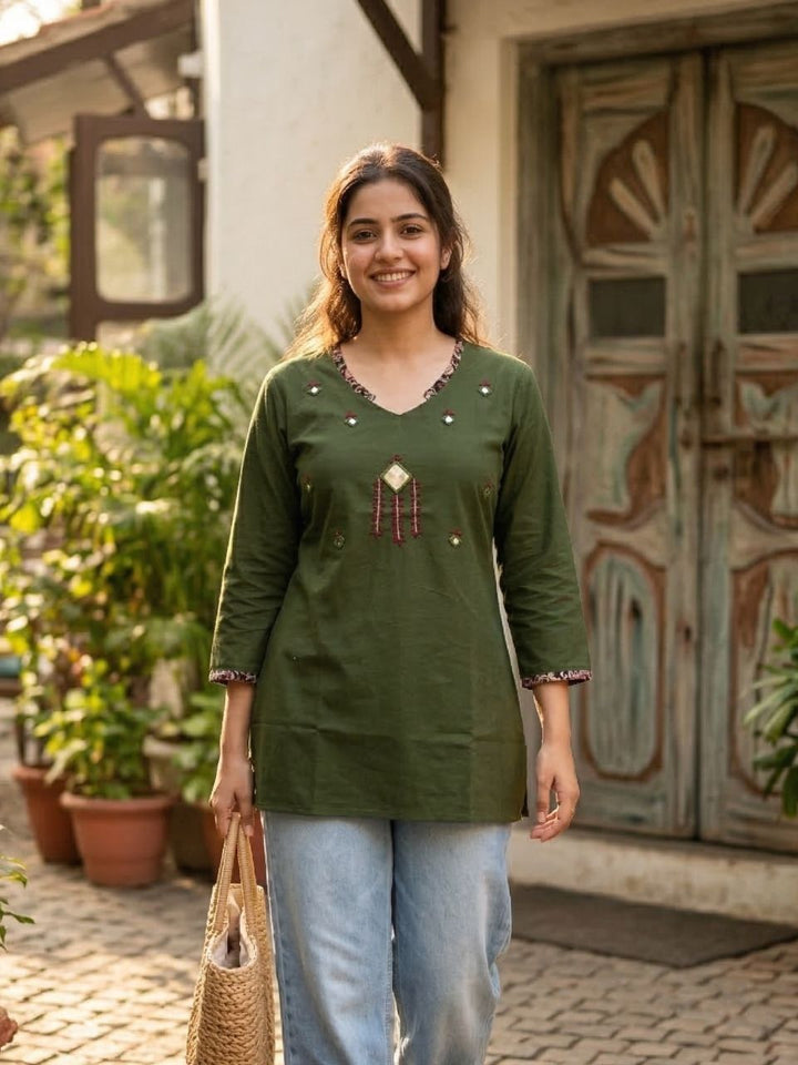 Shelly Green Mirror Cotton Short Kurti