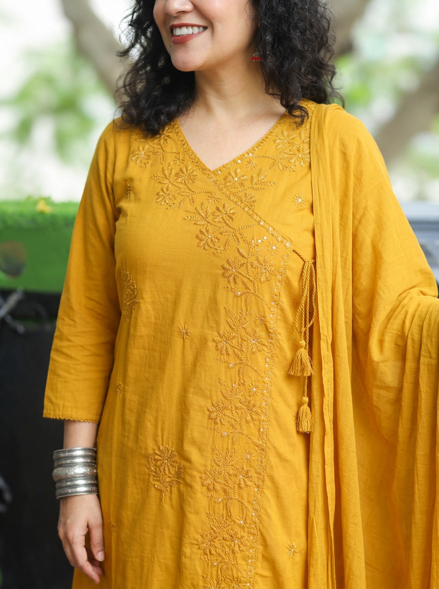 Soni Yellow Angrakha Embroidered Cotton 3 Piece Set
