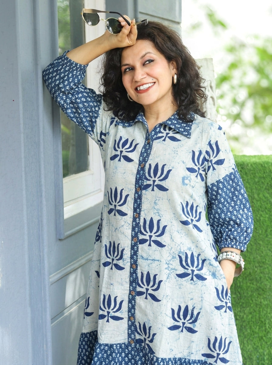 Asya Ice Blue with Blue Lotus Dabu Button Down Cotton Dress