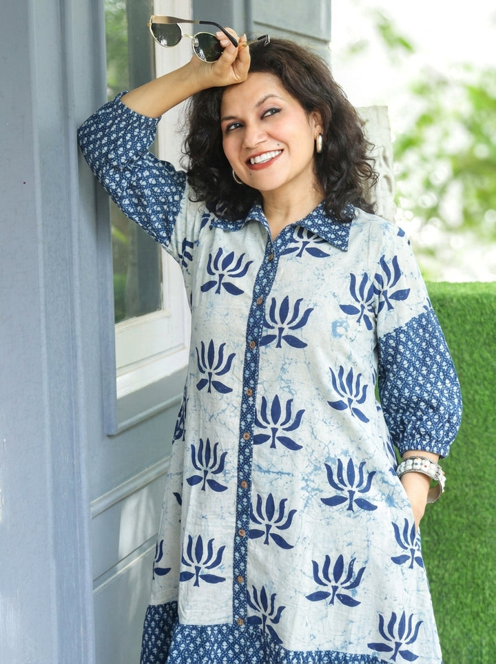 Asya Ice Blue with Blue Lotus Dabu Button Down Cotton Dress