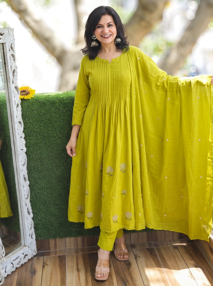 Navya Lemon Yellow Pintuck Embroidered Mul Cotton Set
