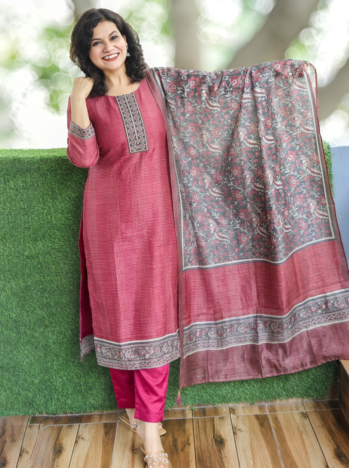 Sushma Blush Pink Mirror Work Patch Raw Silk 3 Piece Set