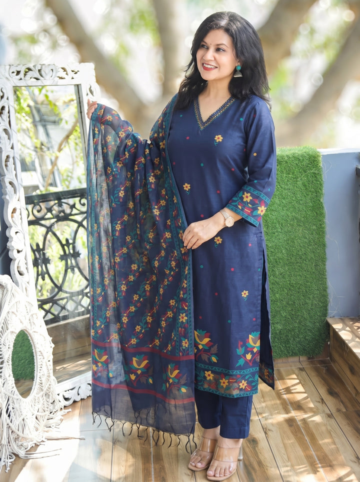 Saloni Blue Floral Jamdani 3 Piece Set