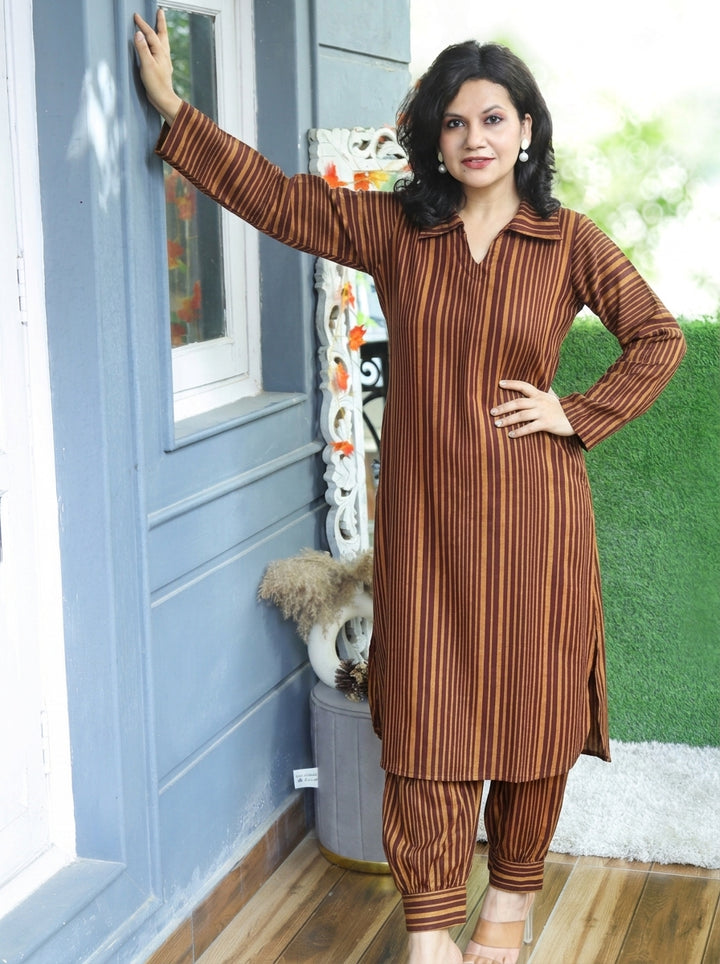 Chehak Burnt Rust Stripe Print Winter Twill Co-ord Set