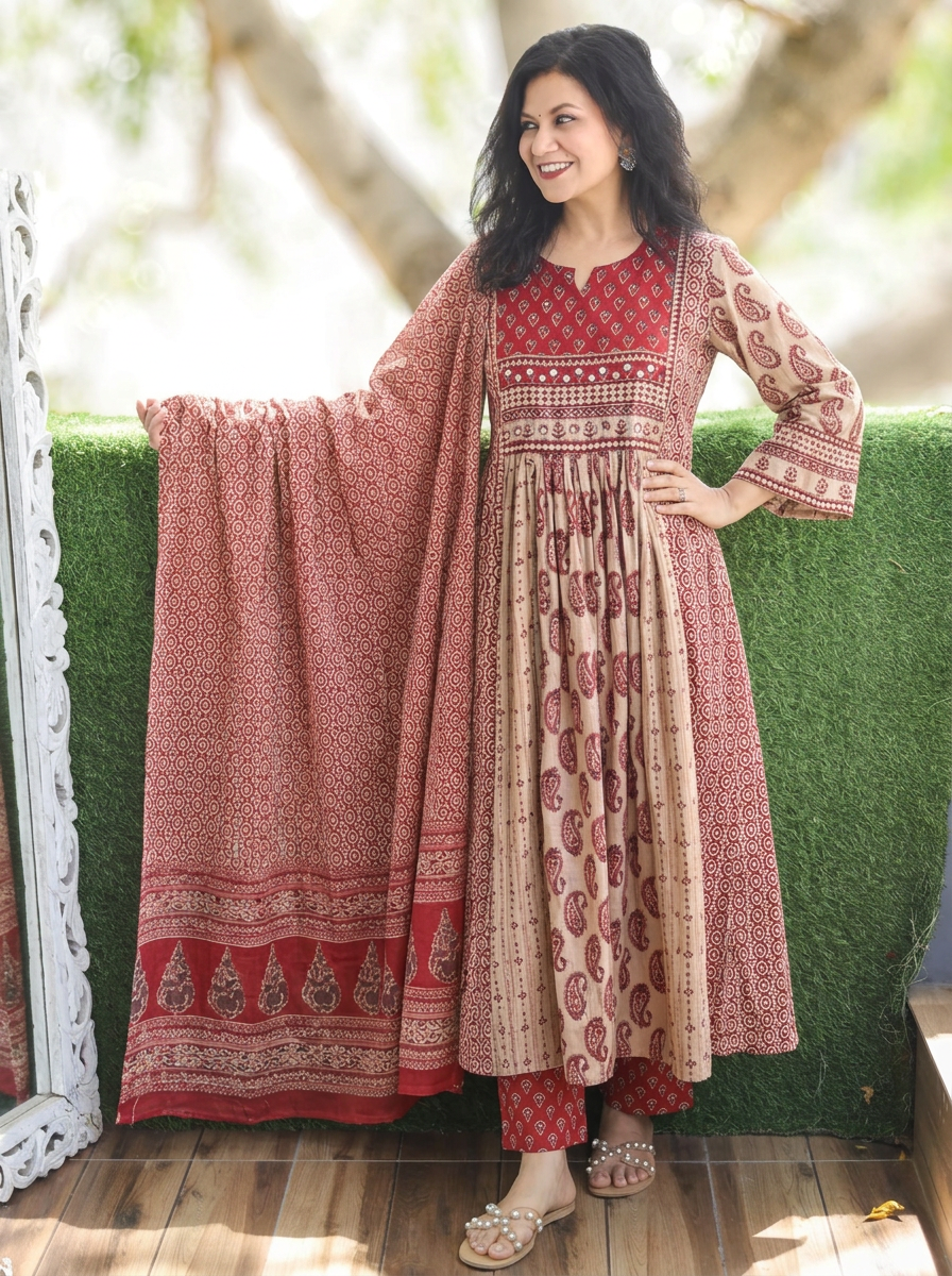 Parvati Beige Maroon Panel Stye Cotton 3 Piece Set