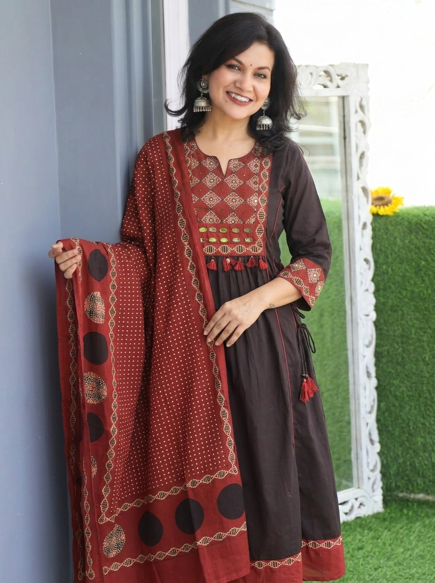 Navya Ebony Black Mirror Work Ajrakh Yoke Cotton 3 Piece Set