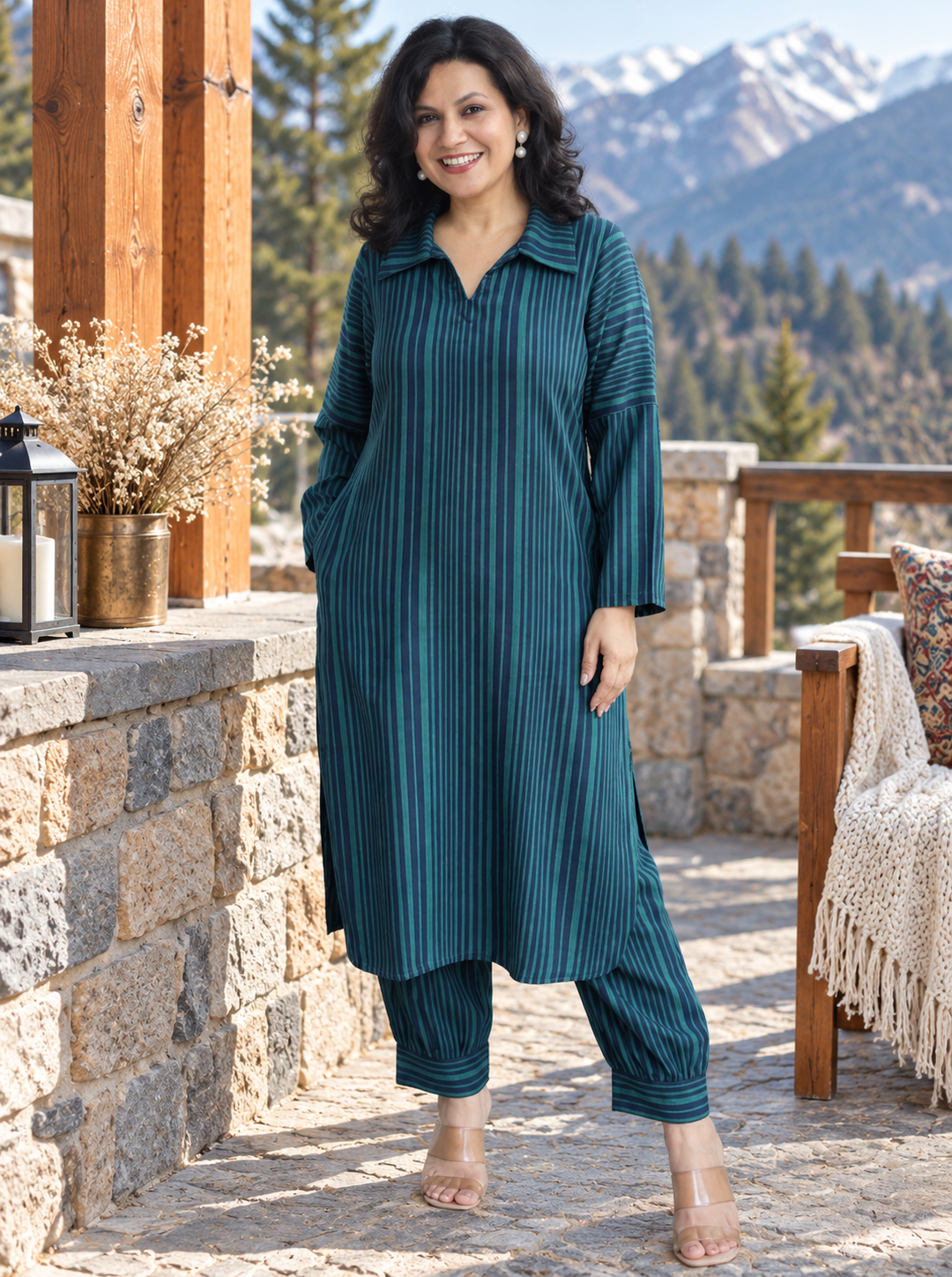 Chehak Cerulean Blue Stripe Print Winter Twill Co-ord Set