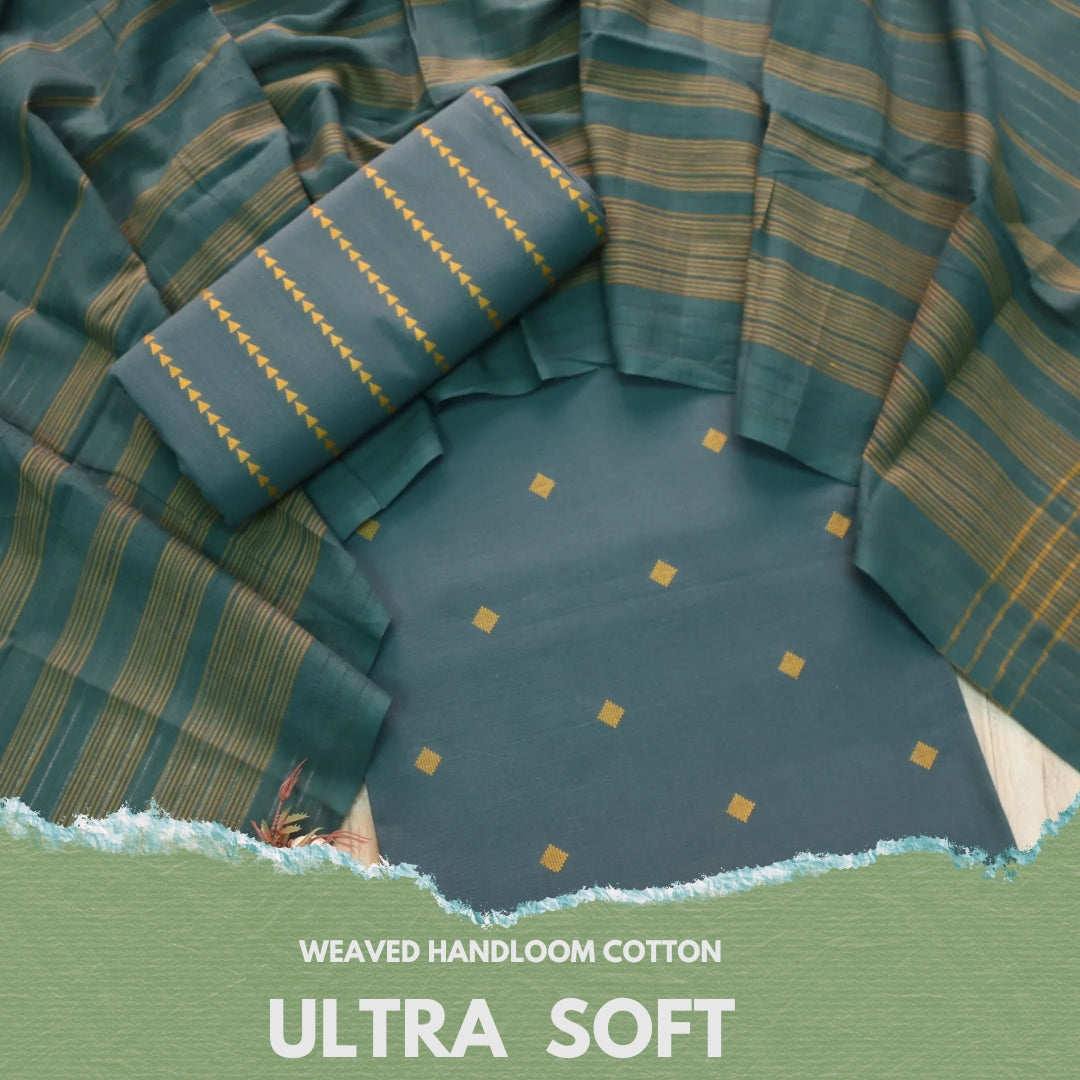 Madhubala Forest Green All Over Thread Weaved Handloom Cotton Suit Set