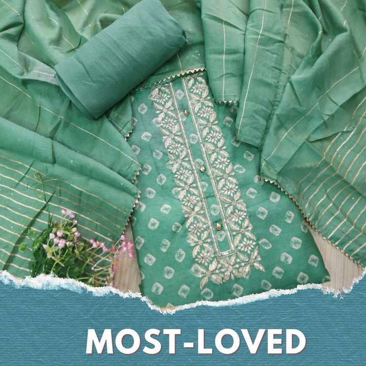 Ishaani Forest Green Printed Embellish Zari Neck Work Modal Suit Set