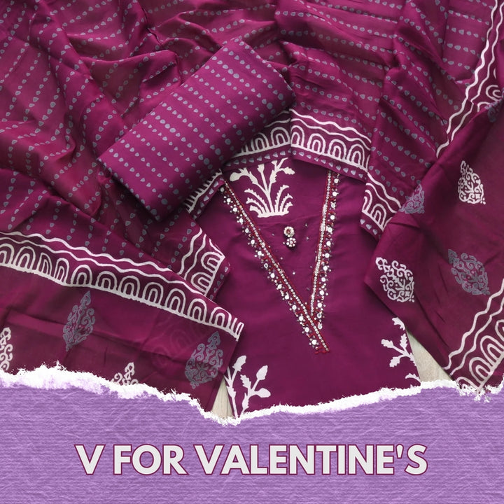 Salaari Berry Purple V Neck Button with Mirror Work Printed Cotton Suit Set