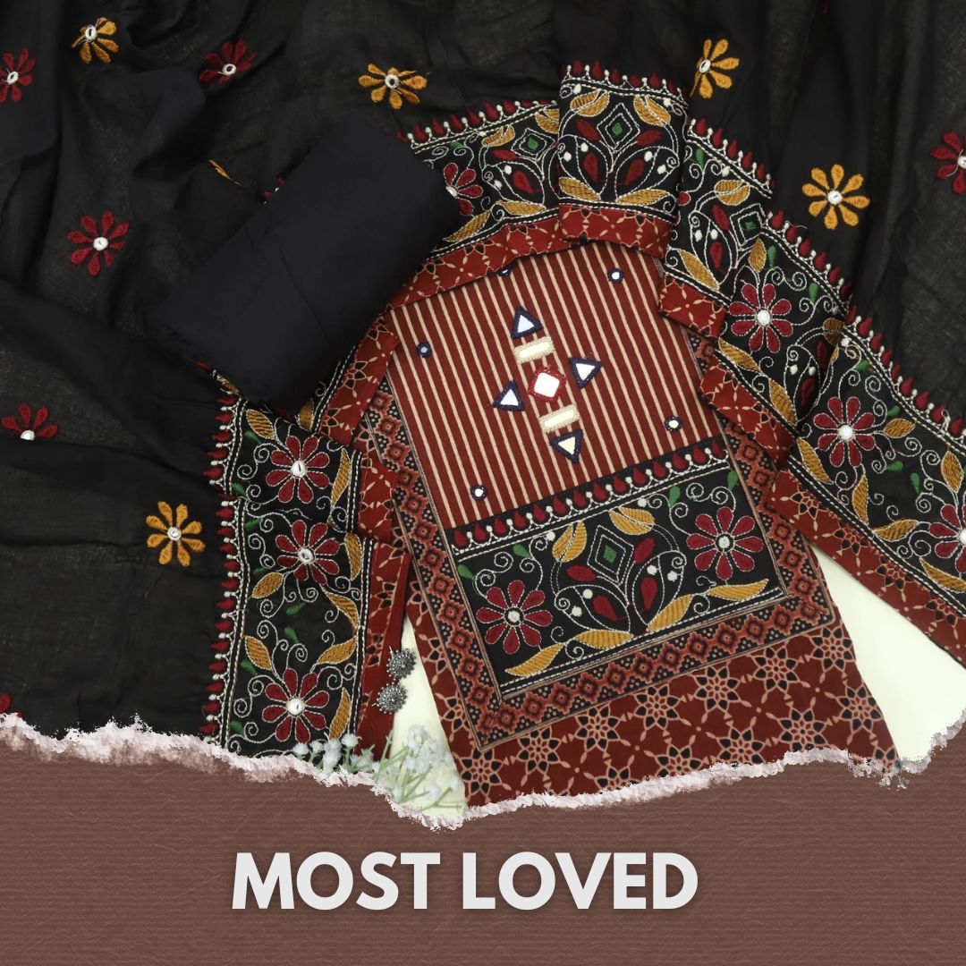 Khairiyat Maroon Red Kutch Work Printed Cotton Top With Printed Cotton Dupatta Set