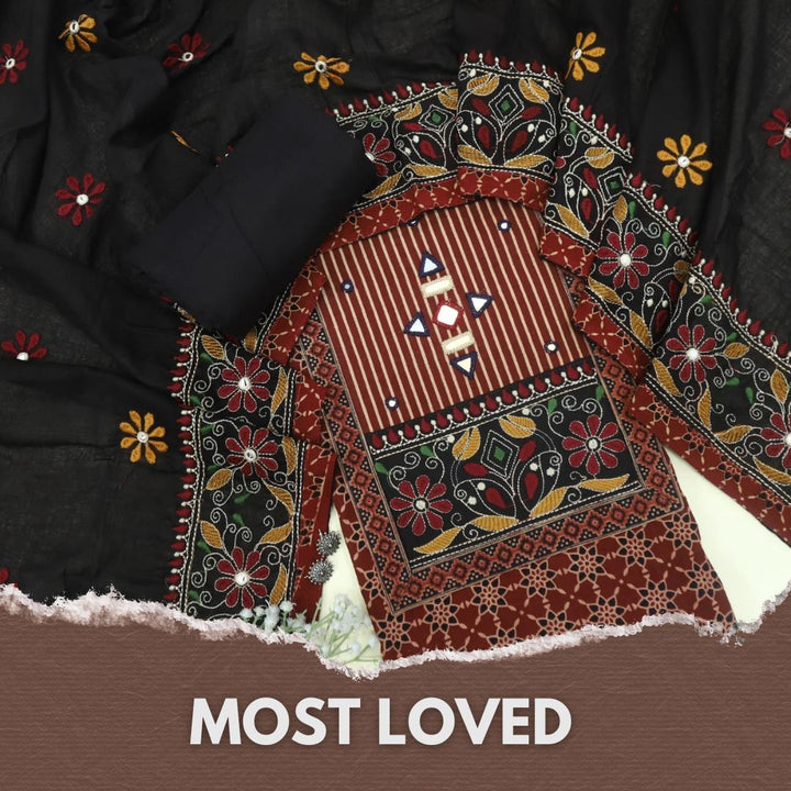 Khairiyat Maroon Red Kutch Work Printed Cotton Top With Printed Cotton Dupatta Set