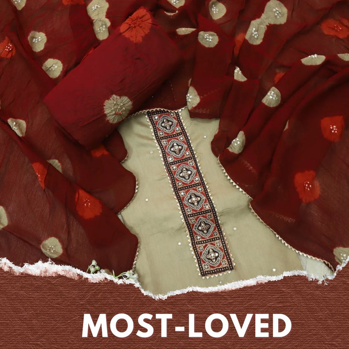 Ruksana Tan Beige Neck Patch with Patra Work Cotton Suit Set
