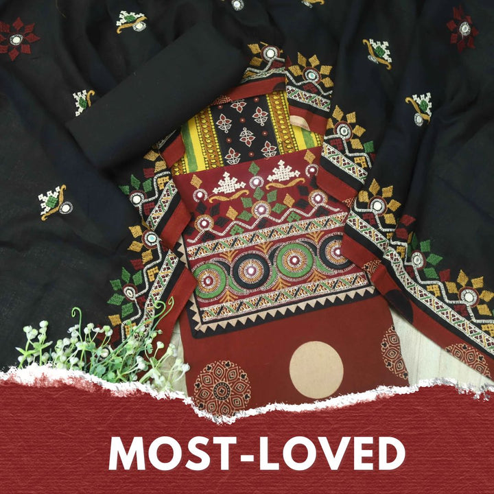 Pardesiya Ruby Red Kutch Neck Embriodered Work Printed Cotton Suit Set