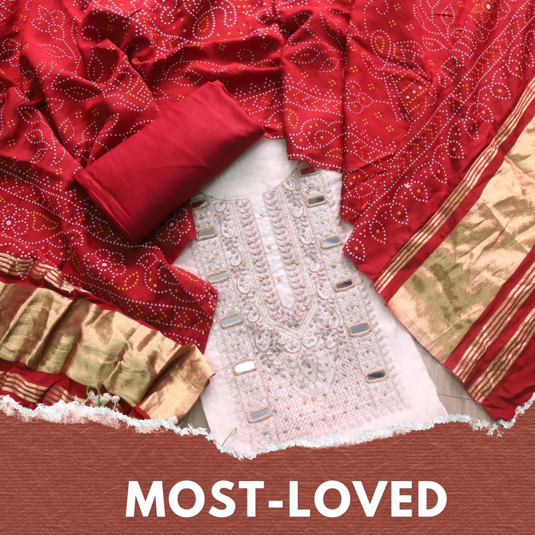 Rahi Cream White Zari with Mirror Work Neck Chanderi and Red Gajji Silk Dupatta