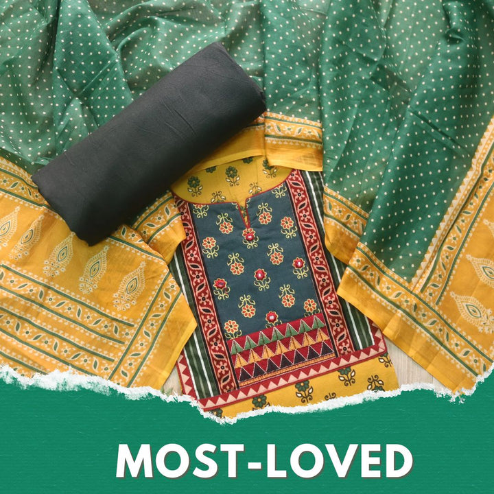 Sulari Dijon Yellow Ajrak Patch with Mirror Ajrak Print Cotton Suit Set