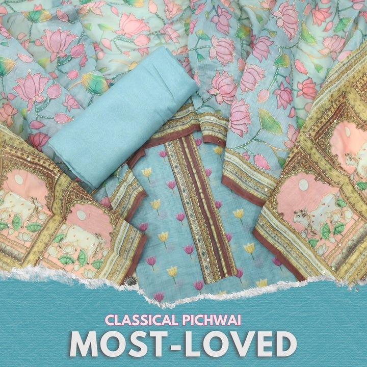 Kohinoor Sky Blue Pichwai Print Kantha Work Chanderi Suit Set