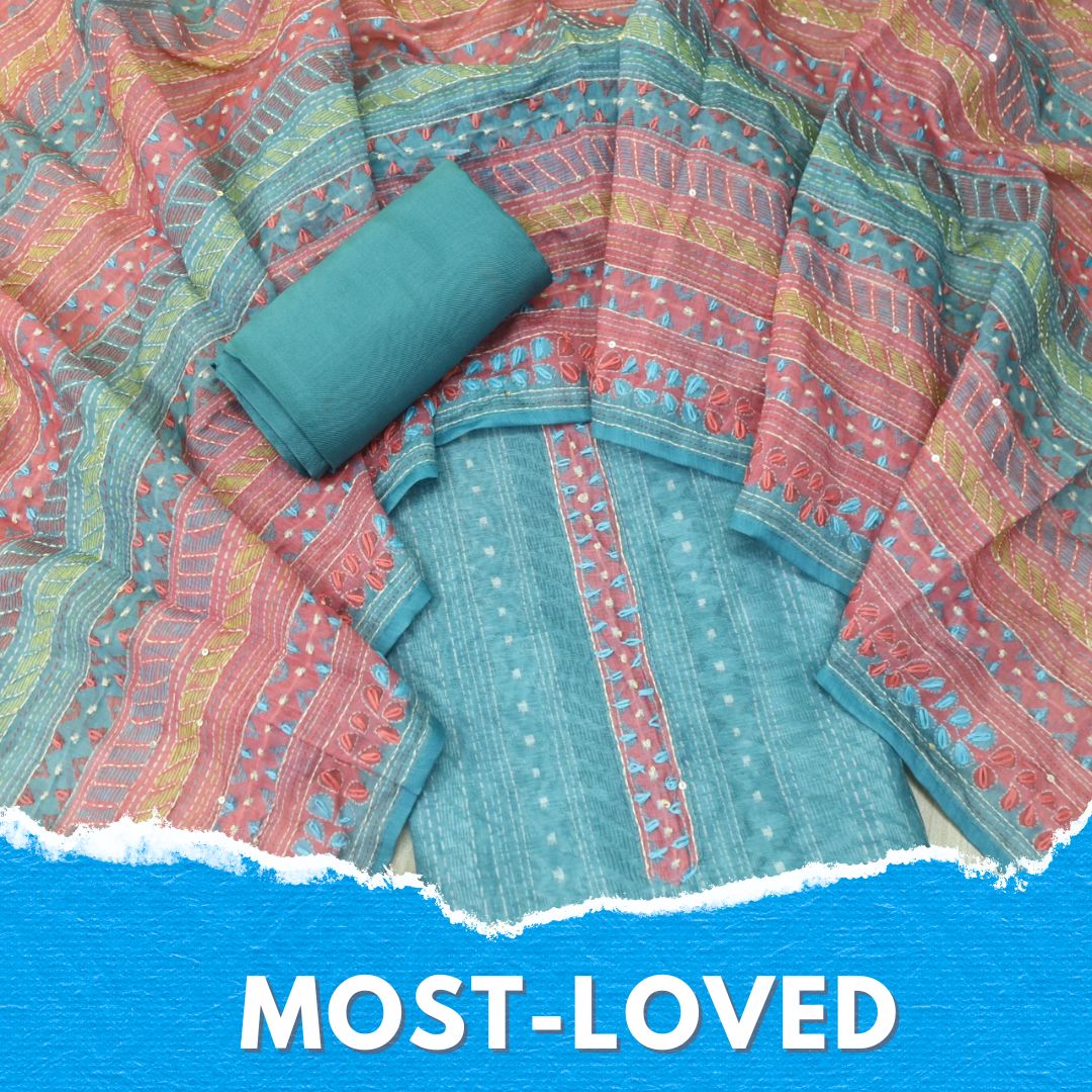 Riwahyaat Sapphire Blue Digital Printed Kantha Work Chanderi Suit Set