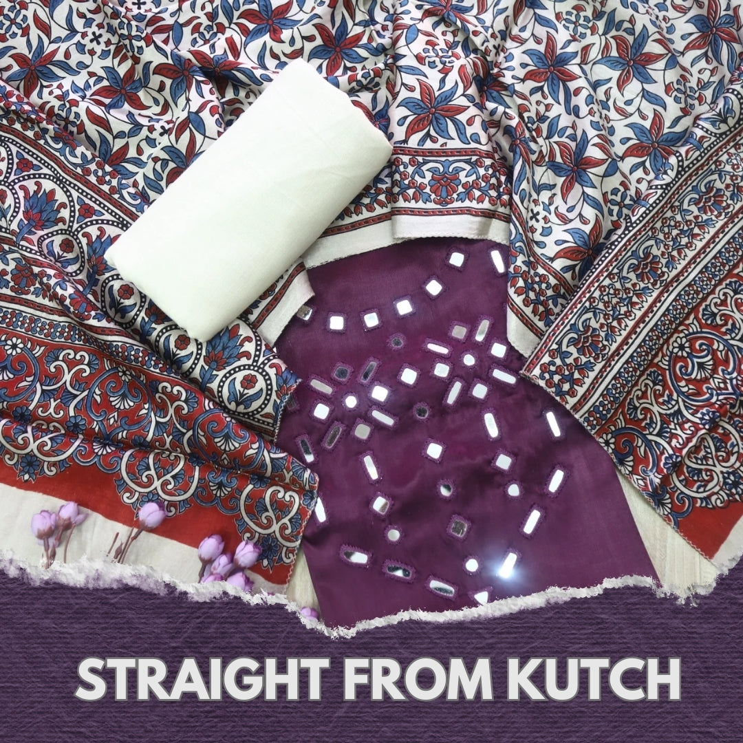 Haniya Berry Purple Authentic Mashru Top with Mirror work and Stole dupatta set
