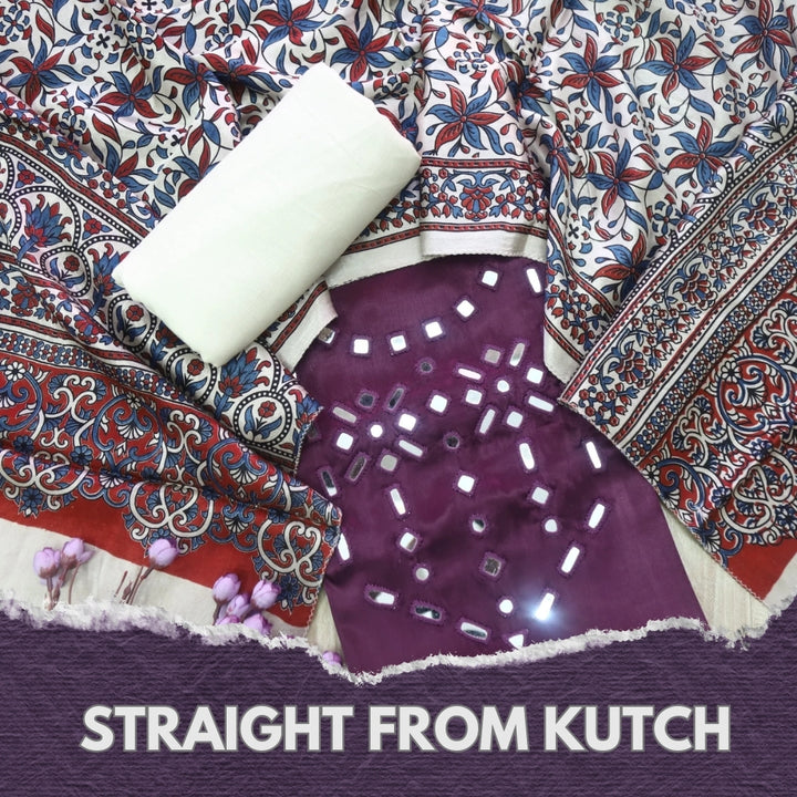 Haniya Berry Purple Authentic Mashru Top with Mirror work and Stole dupatta set