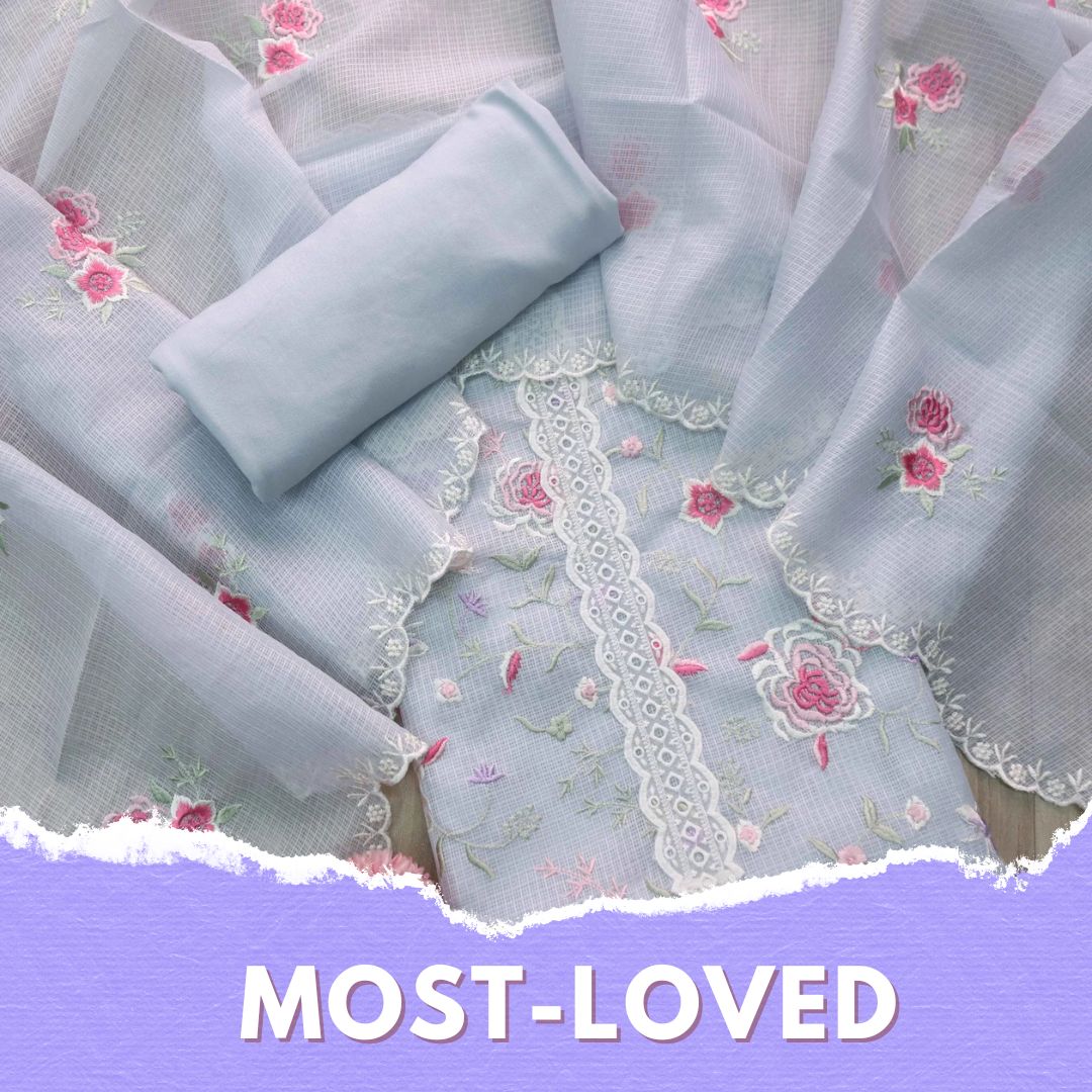 Fitoor Light Grey Lace Patch with Floral Thread Embroidered Kota Doriya suit Set