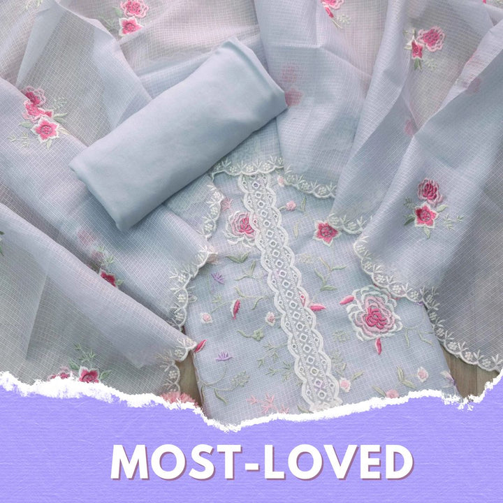Fitoor Light Grey Lace Patch with Floral Thread Embroidered Kota Doriya suit Set