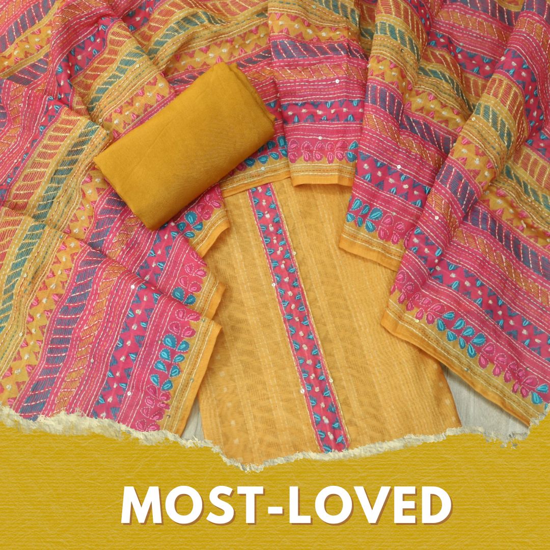 Riwahyaat Dandelion Yellow Digital Printed Kantha Work Chanderi Suit Set