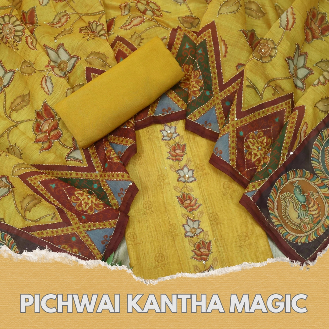 Kohinoor Mustard Yellow Digital Pichwai Print Kantha Work Chanderi Suit Set