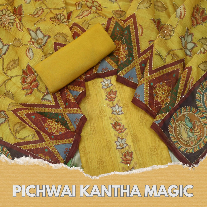 Kohinoor Mustard Yellow Digital Pichwai Print Kantha Work Chanderi Suit Set