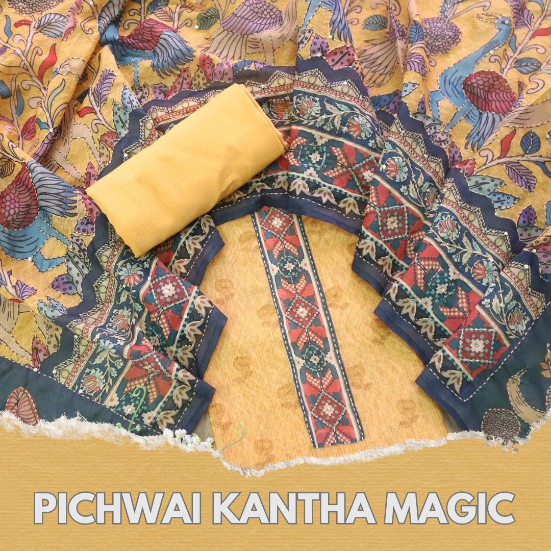 Kohinoor Orangish Yellow Digital Pichwai Print Kantha Work Chanderi Suit Set