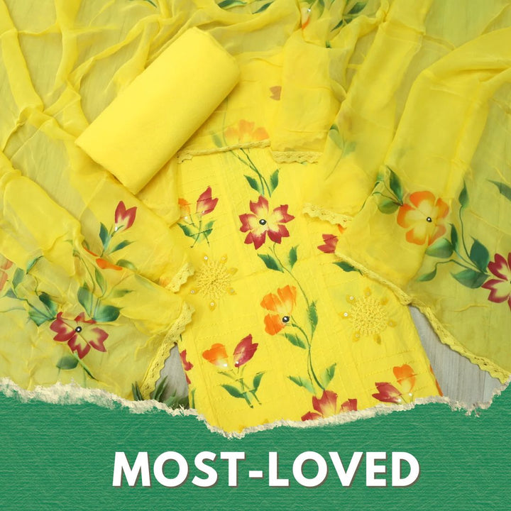 Shabaab Yellow Self Embriodered with Crochet Floral Hand Paint Cotton Suit Set