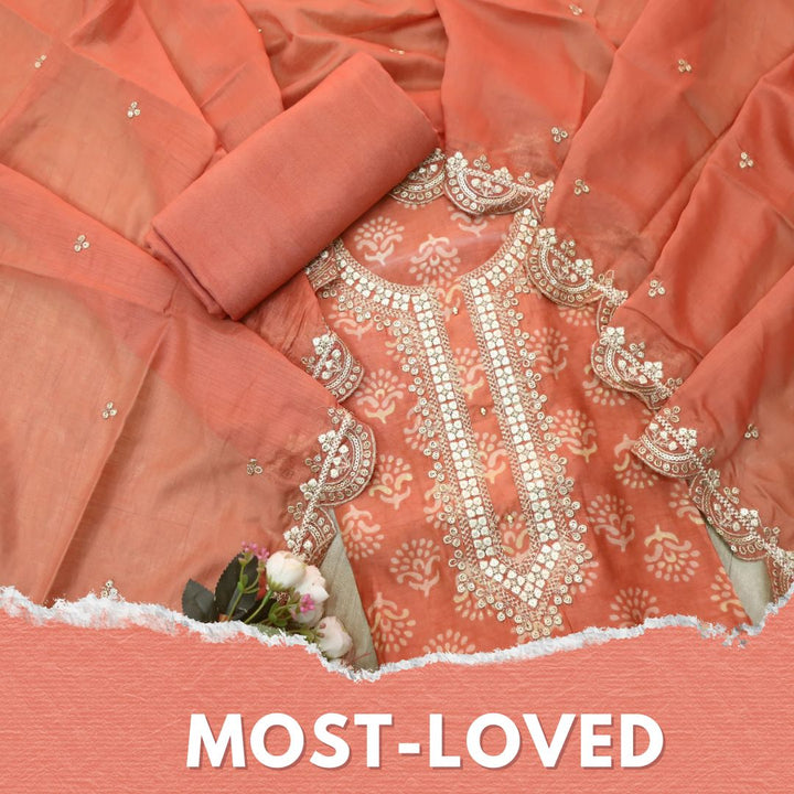 Ishaani Fire Orange Embellish Zari Neck Work Printed Modal Suit Set