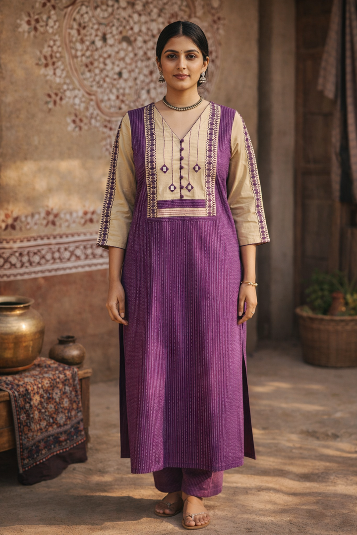 Saundraya Orchid Purple Mirror with Potli Button Work Yoke Running Stitch Cotton Kurti