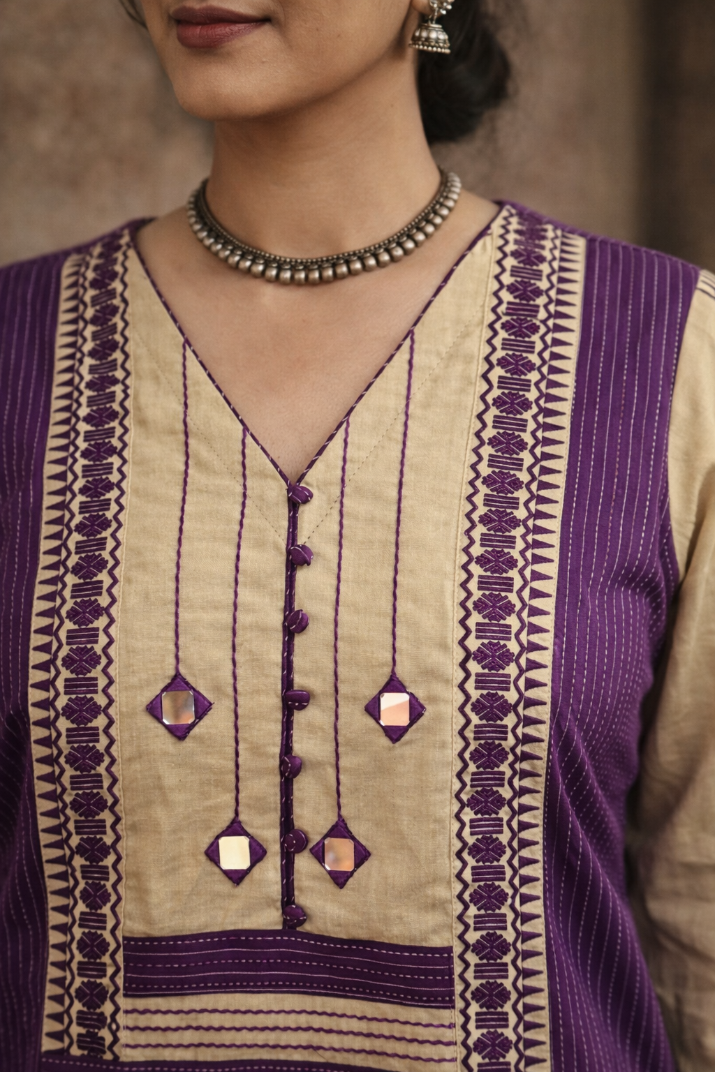 Saundraya Orchid Purple Mirror with Potli Button Work Yoke Running Stitch Cotton Kurti