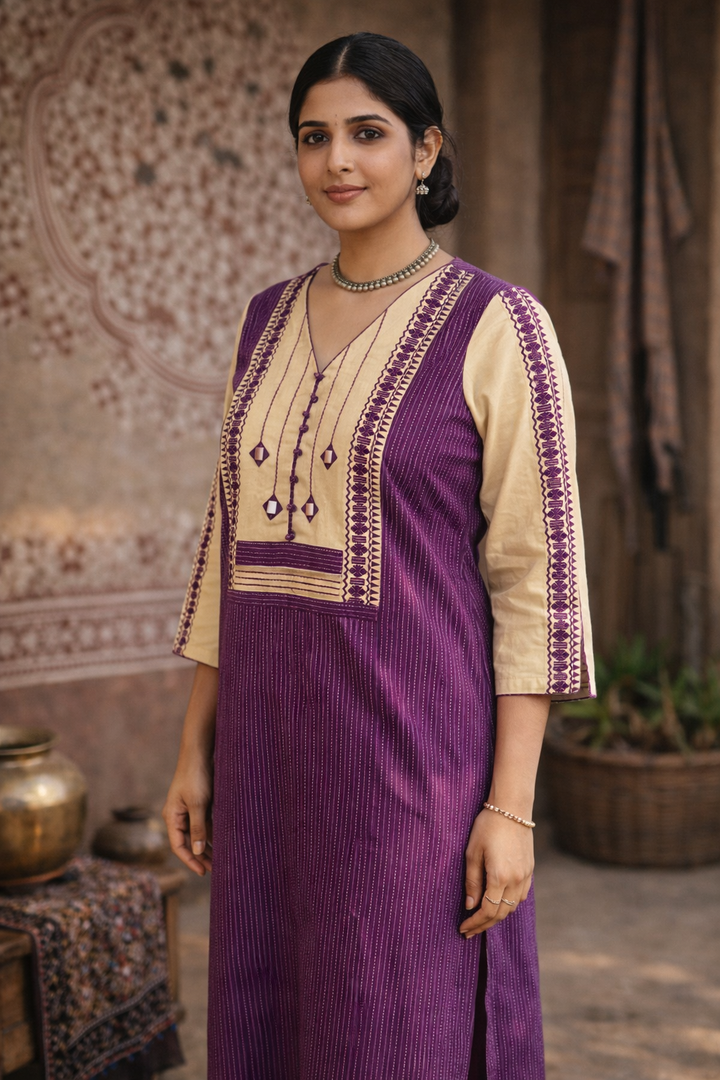 Saundraya Orchid Purple Mirror with Potli Button Work Yoke Running Stitch Cotton Kurti