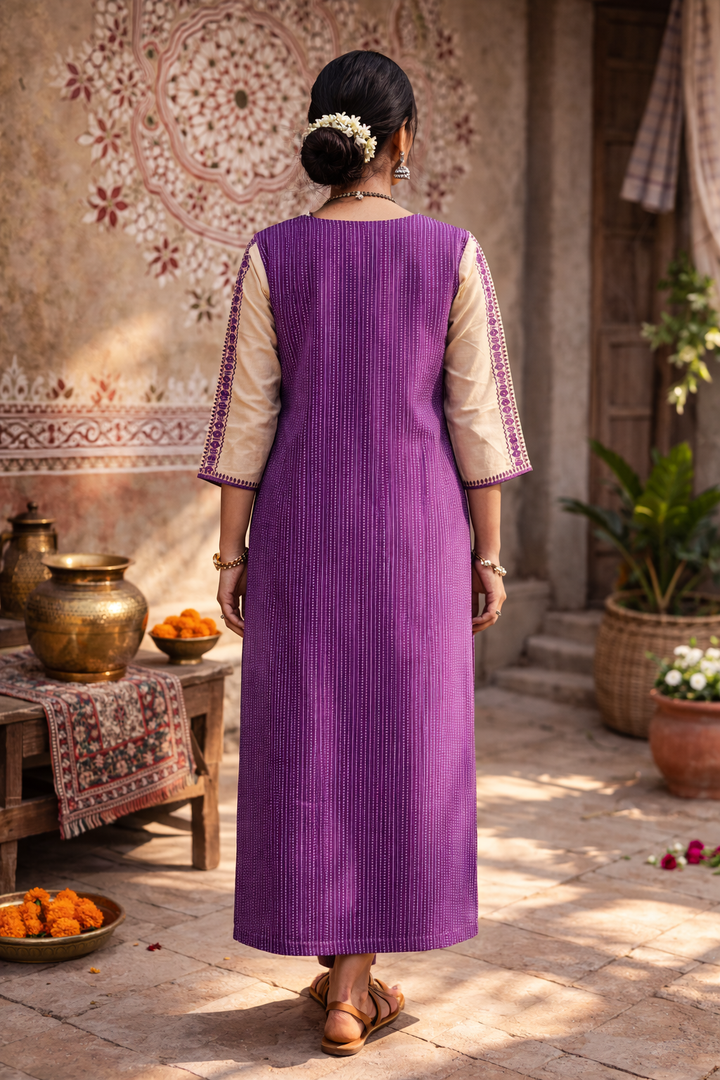 Saundraya Orchid Purple Mirror with Potli Button Work Yoke Running Stitch Cotton Kurti